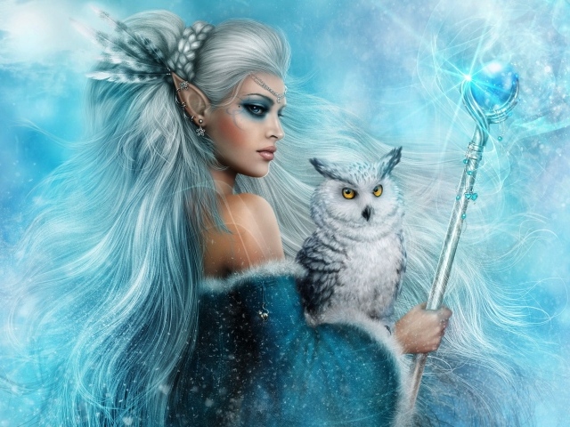 Женщина-эльф с белой совой и скипетром в руках, фэнтези