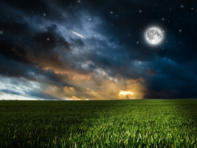 Зеленое поле под красивым небом с яркой луной ночью