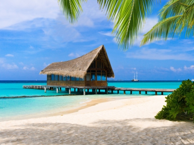 Дом на сваях на берегу тропического пляжа с белым песком