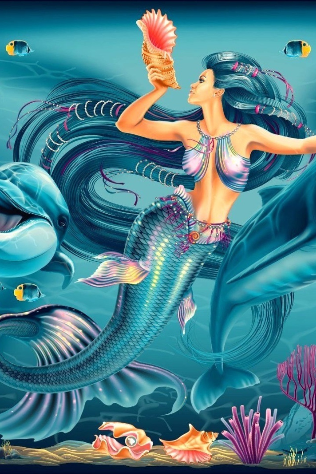 	  Mermaid with dolphins