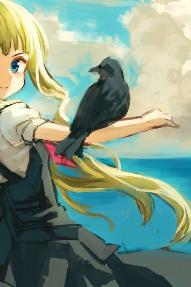 Птица на руке девушки в аниме Высь ТВ