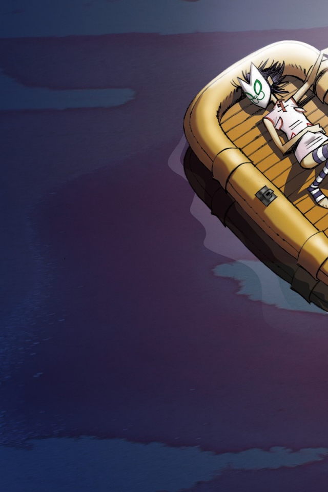 Человек в маске спит в надувной лодке, мультфильм