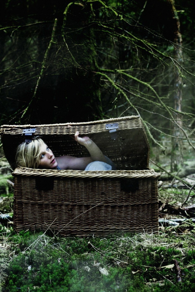 Блондинка в корзине в лесу