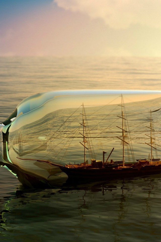 Корабль в бутылке среди моря