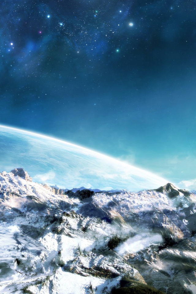 Ледяной мир на фоне чужих планет