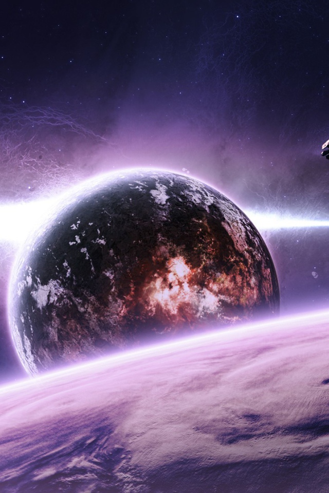 Корабль летит к планете в фиолетовом космосе