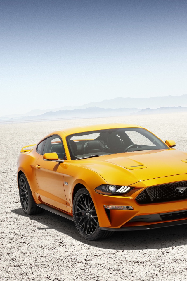 Оранжевый автомобиль Ford Mustang под палящим солнцем
