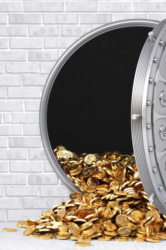 Золотые монеты выпадают из сейфа в серой стене