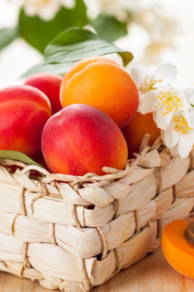 Аппетитные спелые персики в корзине на столе