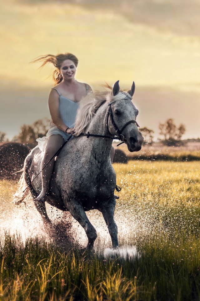 Красивая молодая девушка скачет на лошади по мокрой траве