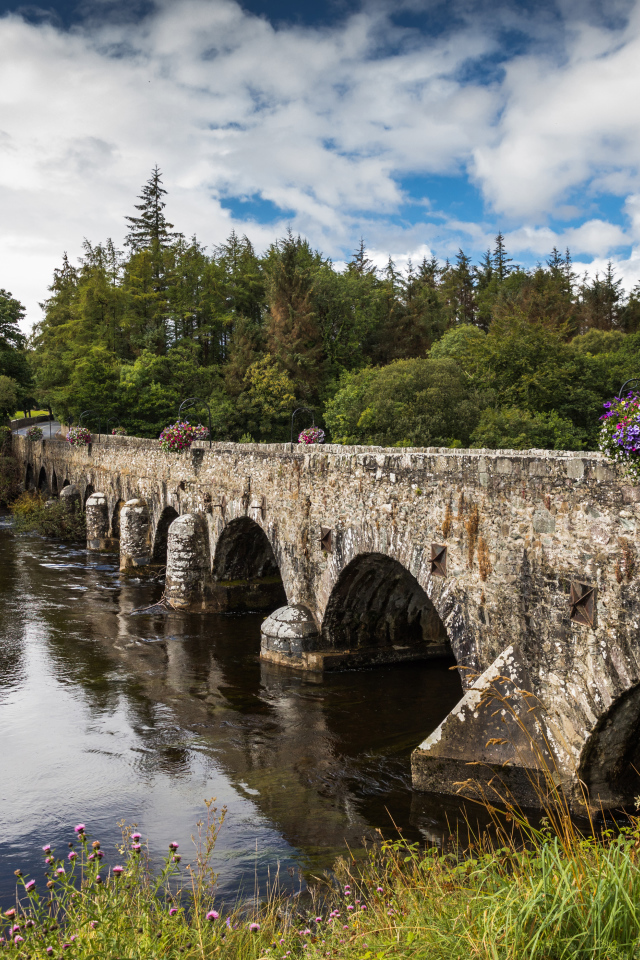 Мост через реку у леса на фоне красивого голубого неба с белыми облаками. Ирландия