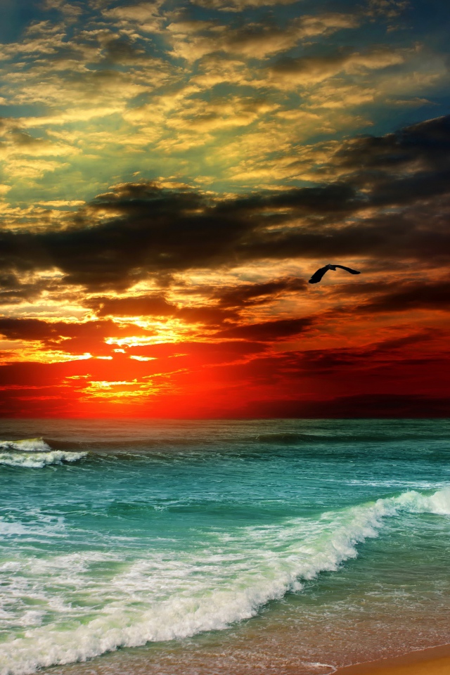Белые волны на берегу океана на закате солнца
