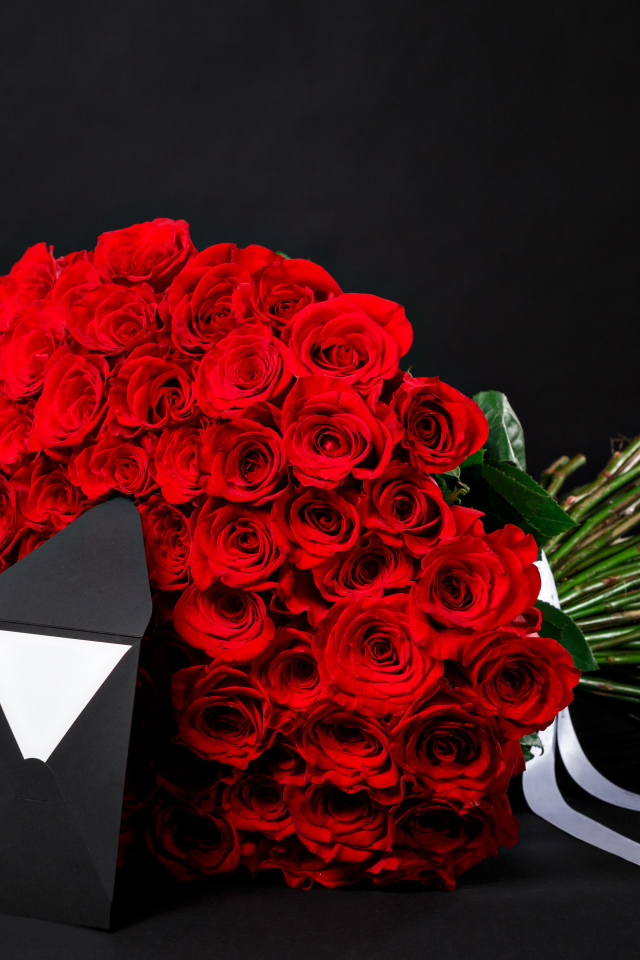 Большой букет красных роз с конвертом на черном фоне