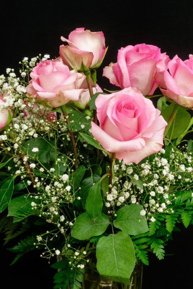 Красивый букет розовых роз с белыми цветами на черном фоне