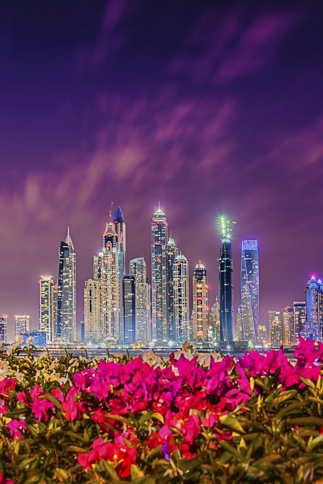 Вид на ночные небоскребы Дубая 