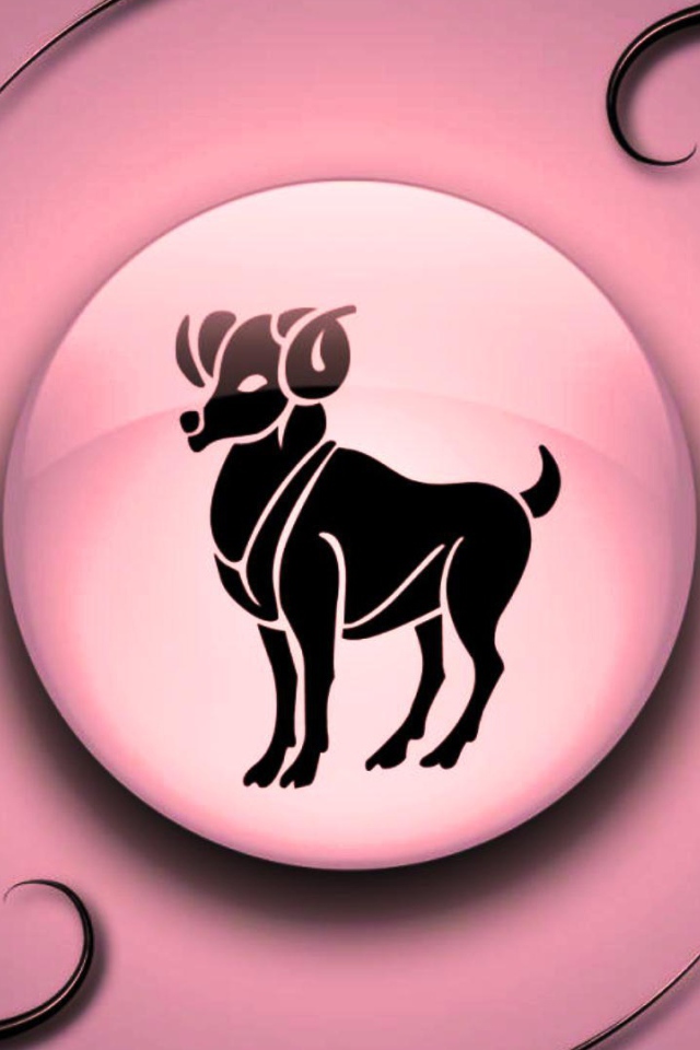 Знак зодиака Овен на  розовом фоне с чёрным орнаментом 
