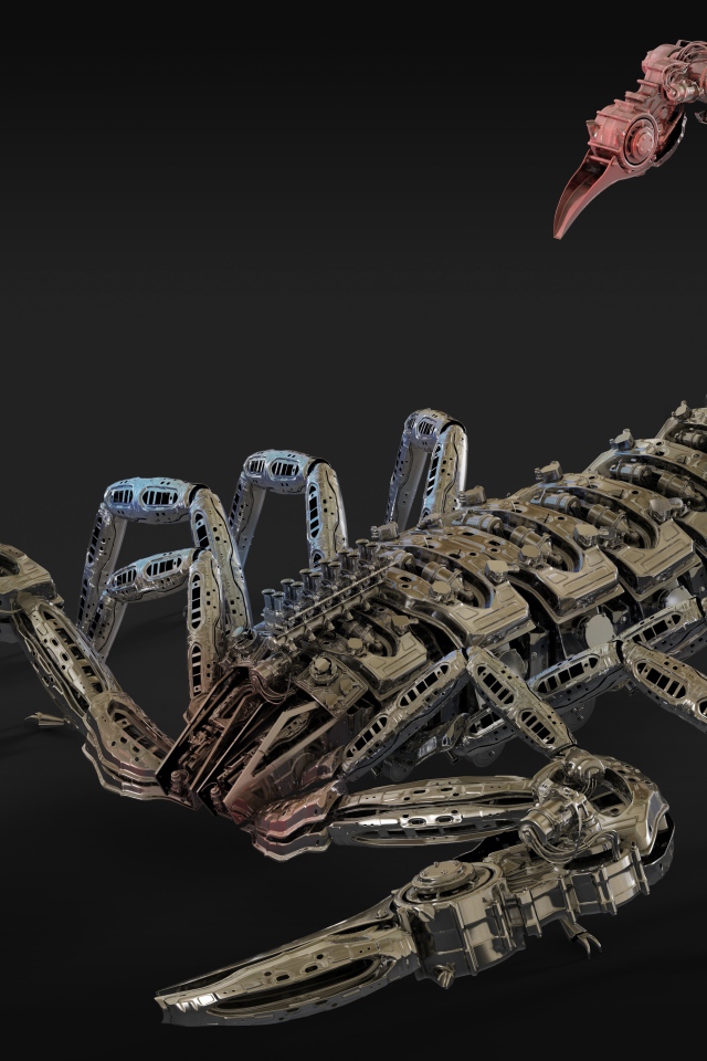 Металлический робот скорпион на сером фоне