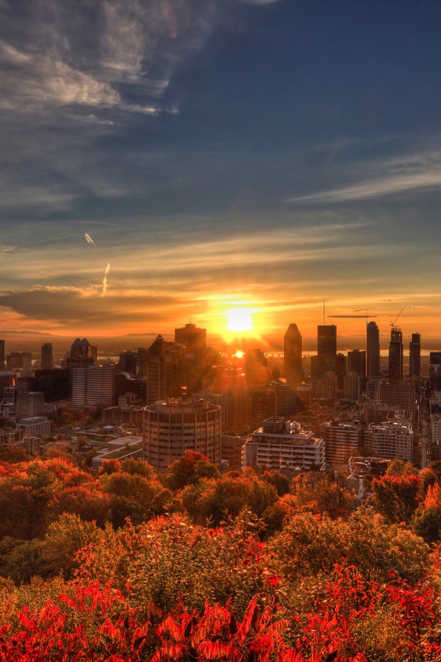 Восход солнца над небоскребами города Монреаль, Канада
