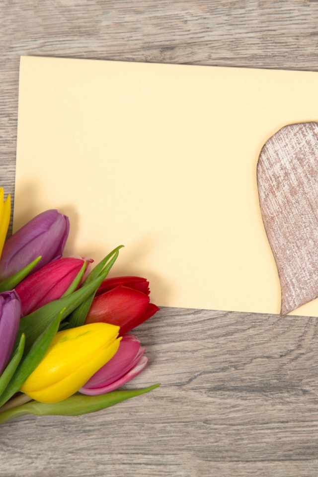 Букет разноцветных тюльпанов на с листом бумаги, шаблон для открытки