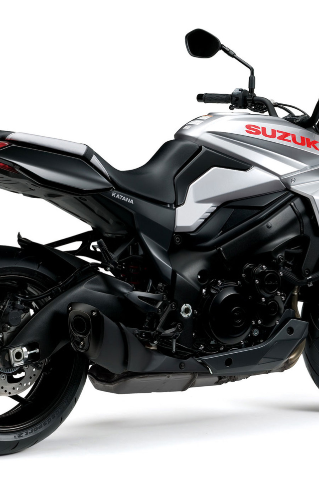 Стильный дорогой мотоцикл Suzuki Katana, 2021 на белом фоне