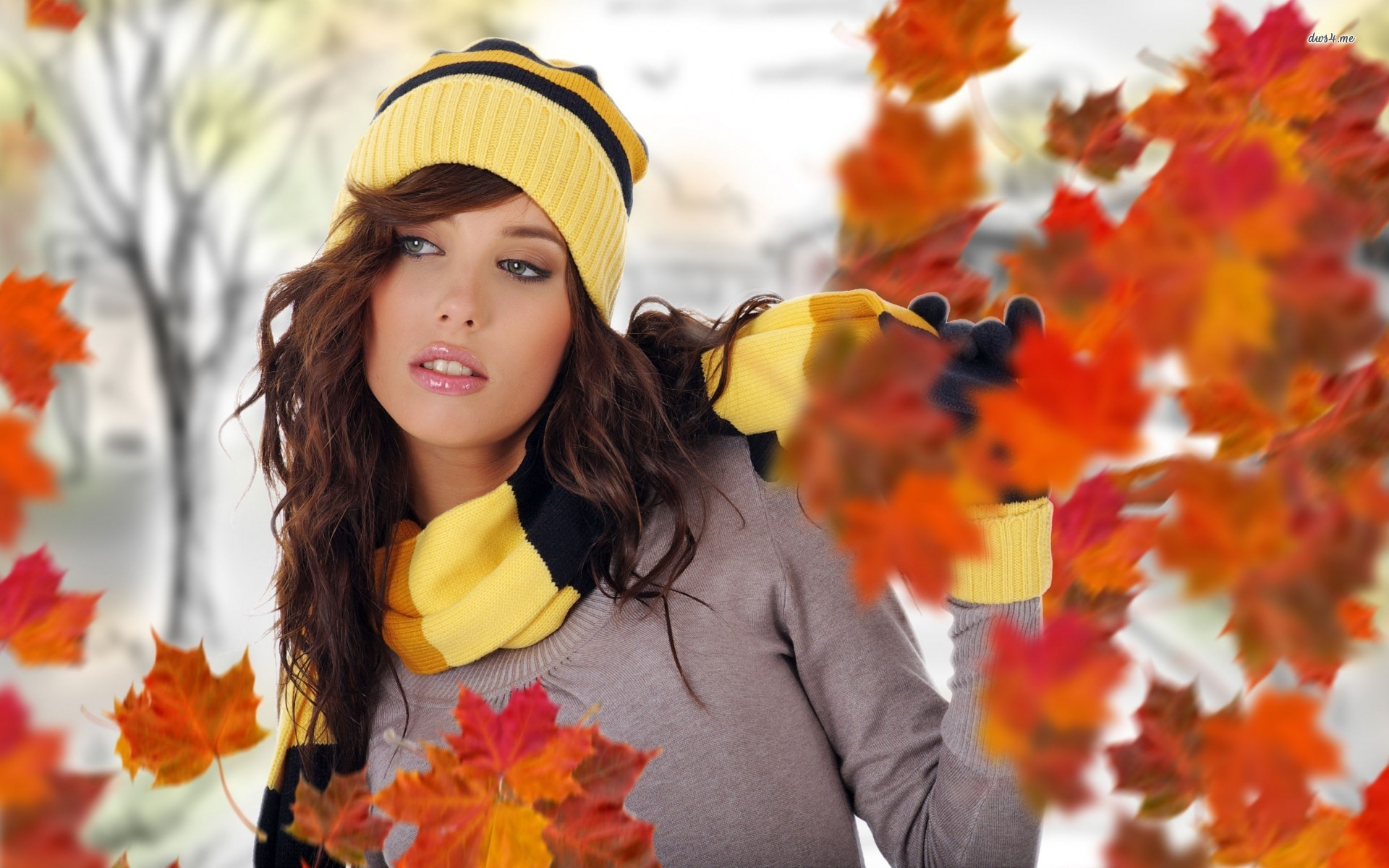 Autumn leaves fall around the girl wallpapers and images - wallpapers, pictures, photos