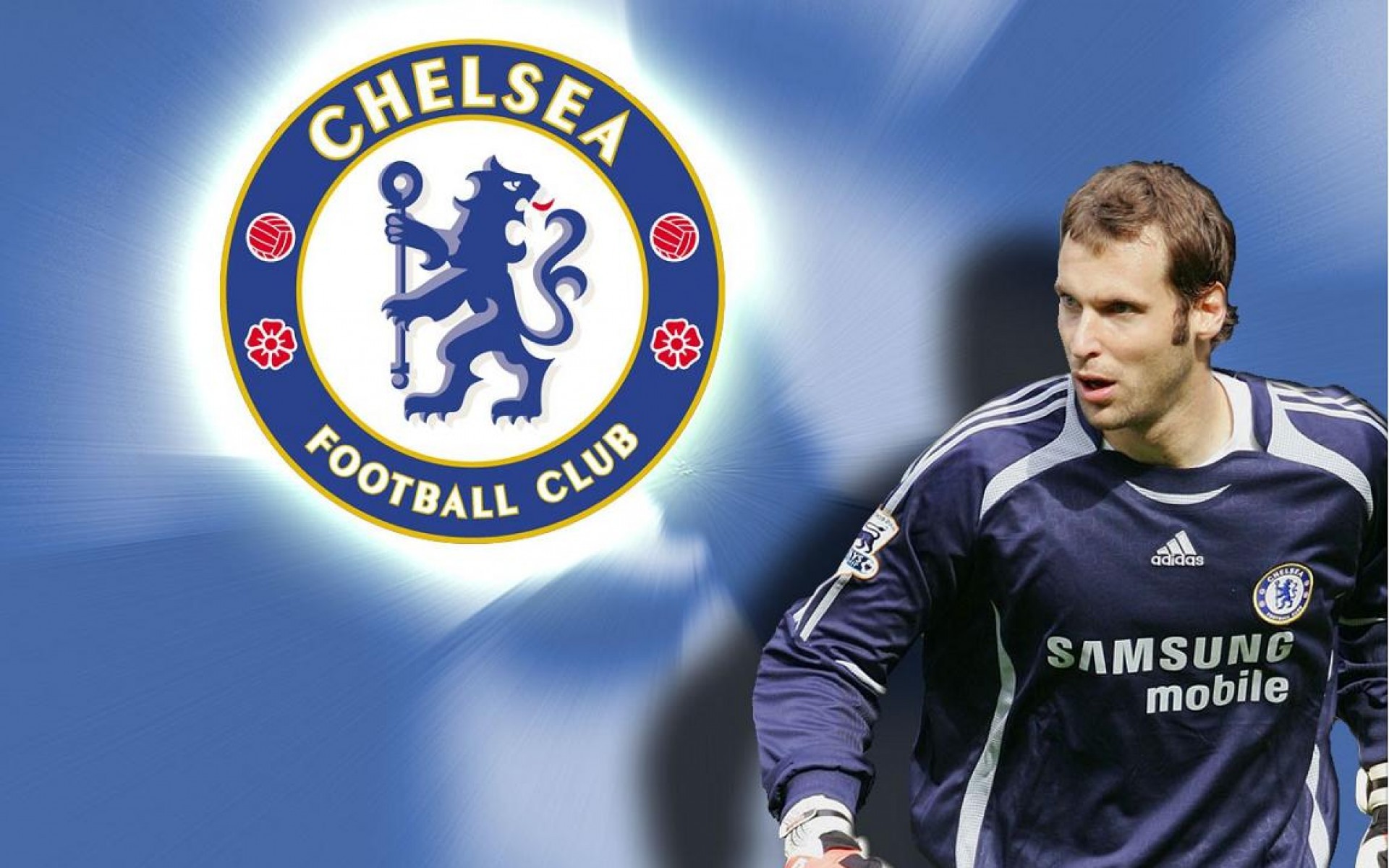 The player Chelsea Petr Cech on blue background wallpapers and images