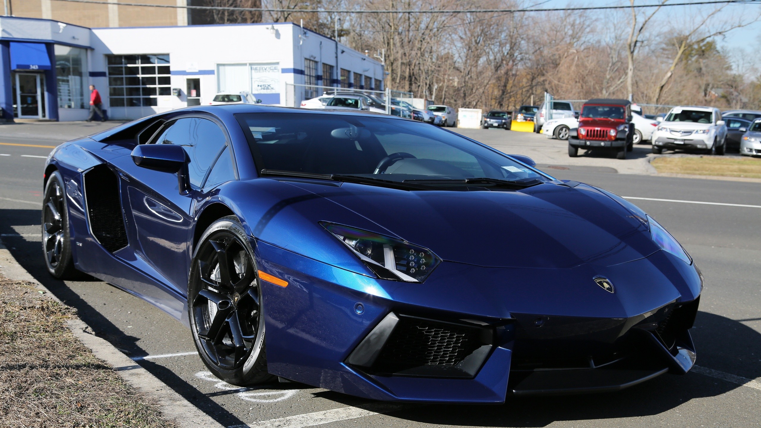 The dark blue car Lamborghini Aventador parked on the ...