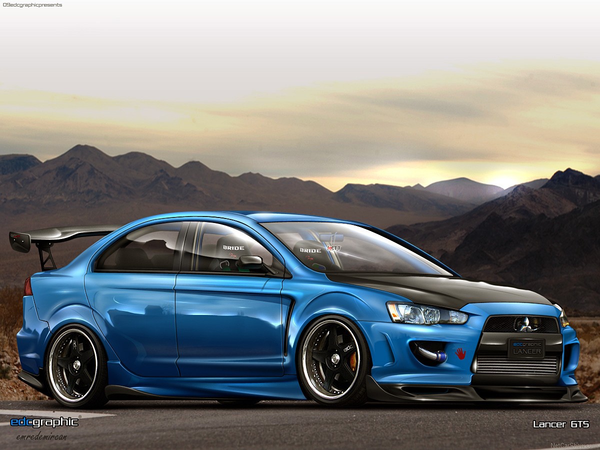 Blue Mitsubishi Lancer Evo X against mountains wallpapers and images