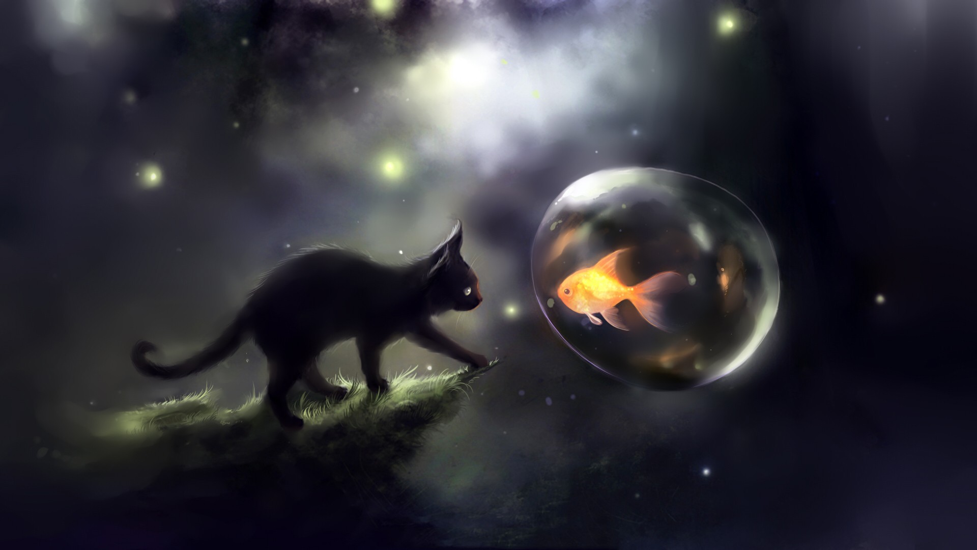 Black cat and goldfish, art wallpapers and images ...