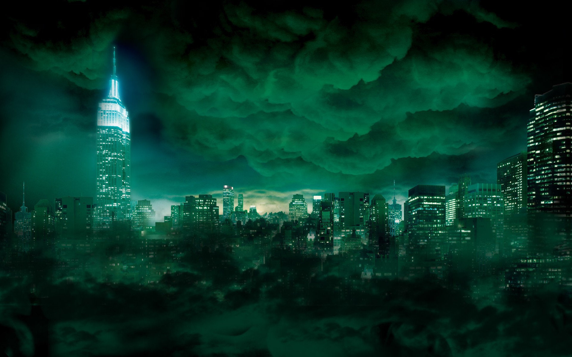 Megapolis in green fog wallpapers and images wallpapers, pictures, photos
