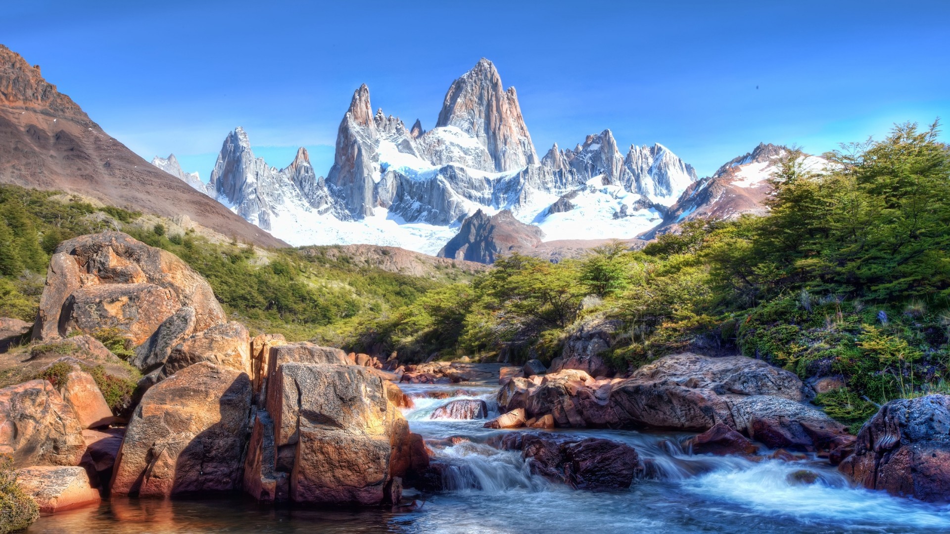 Mountain Stream On A Background Of Sharp Peaks Wallpapers And