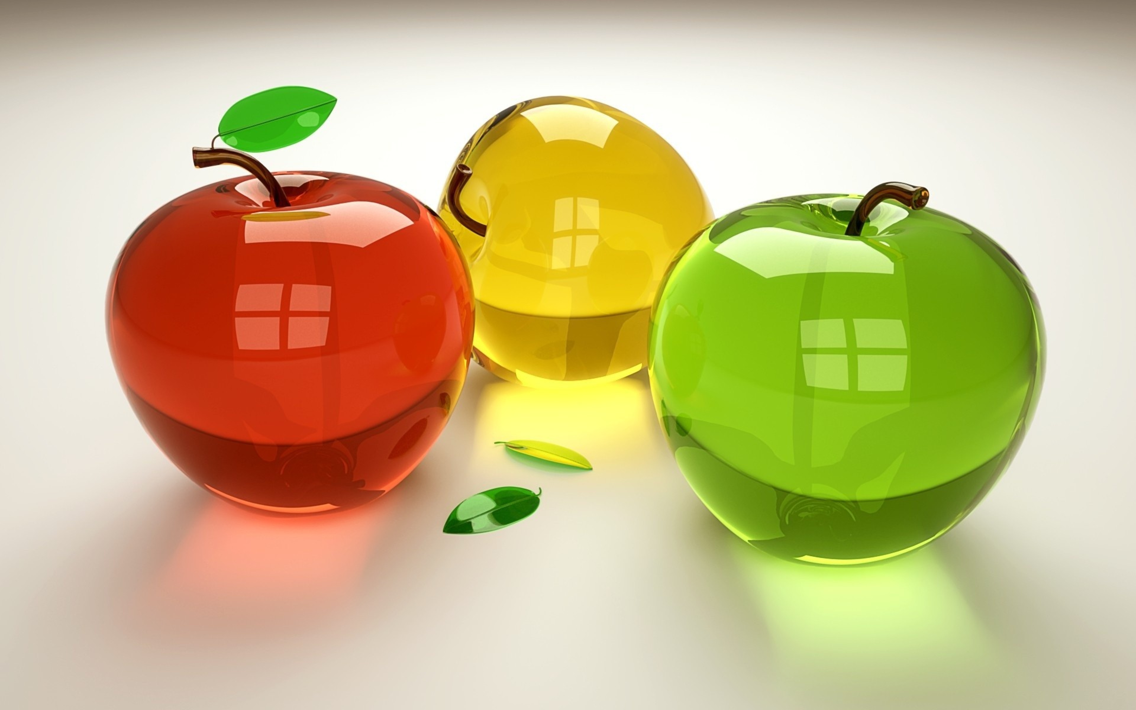 Glass multicolored apples on a white background 3d graphics wallpapers