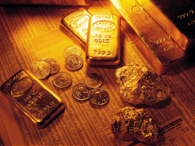 Золотые слитки и камни