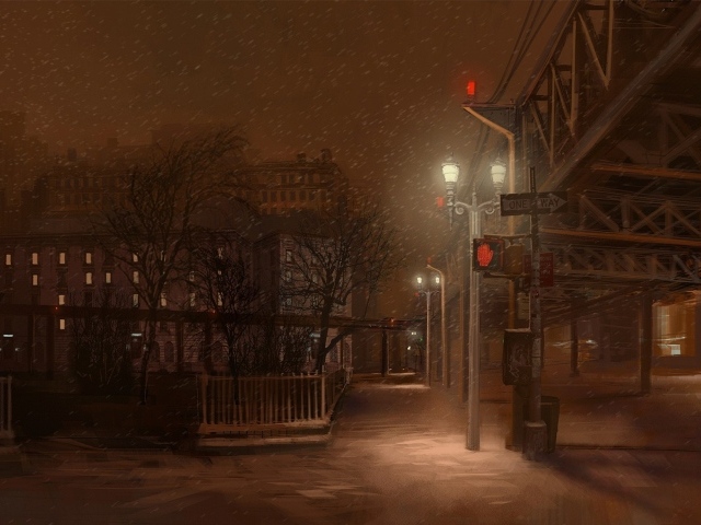 Мелкий снег на ночной улице