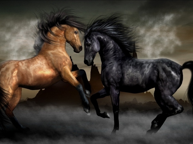 Две лошади черная и коричневая