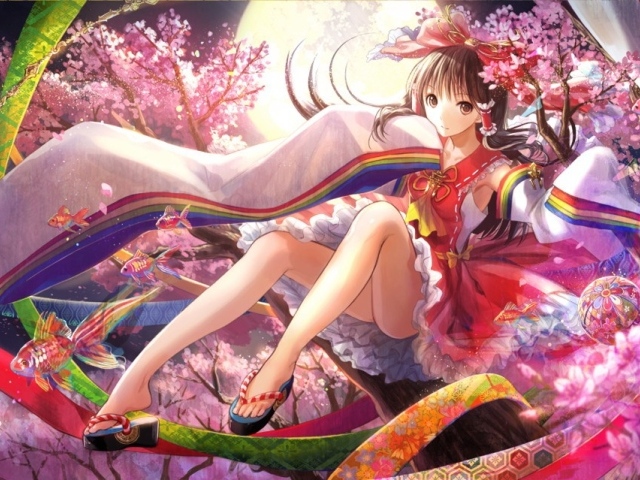 Брюнетка Тоухоу в вишневом саду