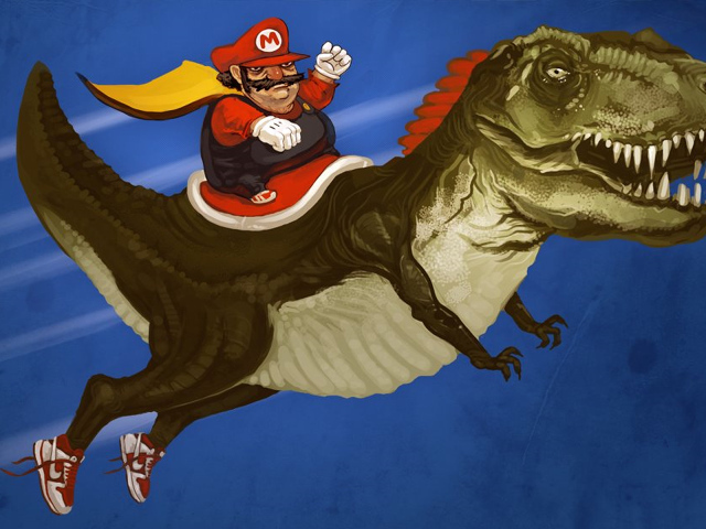 Марио скачет на динозавре