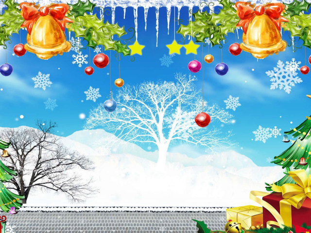 Разноцветная картинка с колокольчика и ёлками на рождество