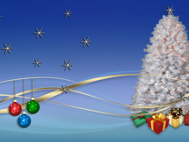 Ёлка, подарки и звёзды на голубом фоне на рождество