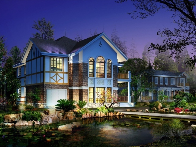 Дом с прудом и мостиком