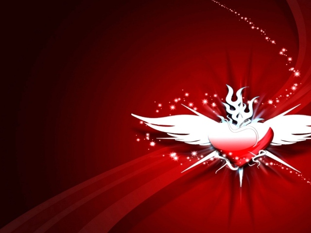 Сердечко с крыльями на красном фоне