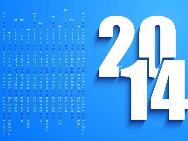 Новый год 2014, календарь на голубом фоне