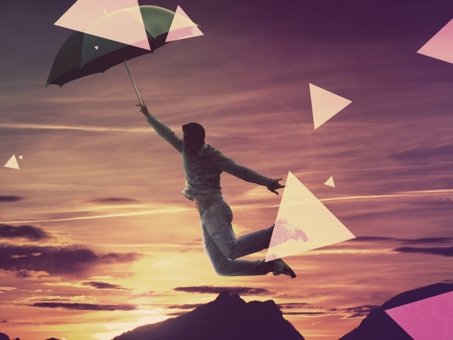 Человек летит на зонтике