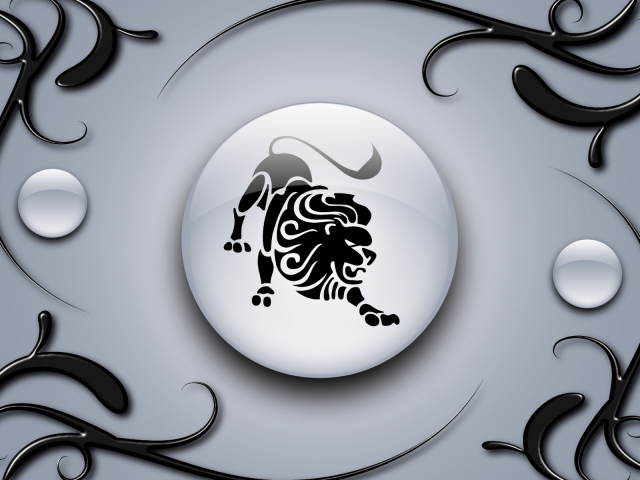 Знак лев на сером фоне с чёрным орнаментом