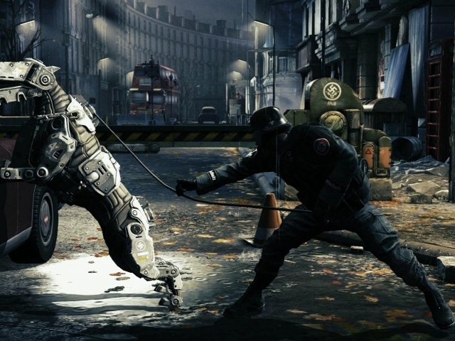 Wolfenstein New Order: солдат выпускает свою собаку