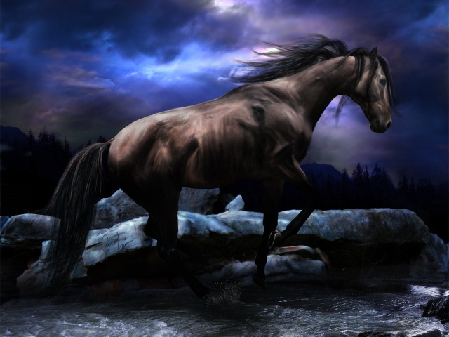 Черный конь скачет по реке