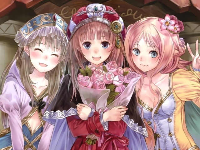 Три девочки с букетом роз