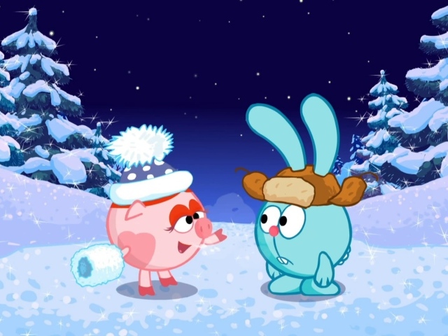 Крош и Нюша в зимнем лесу в мультфильме Смешарики