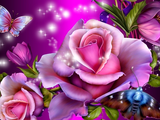 Фиолетовые розы и бабочки