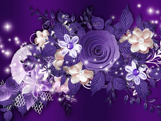 Фиолетовые розы и другие цветы на фиолетовом фоне